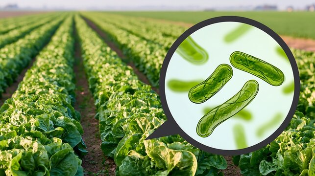 Lettuce field with magnified bacteria, illustrating potential crop contamination, pathogen testing and food safety risks in commercial fresh produce farming
