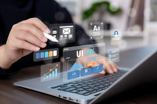 UI UX design concept with web interface, typography, color palette and analytics, representing user experience, website development, prototyping and digital product design.

