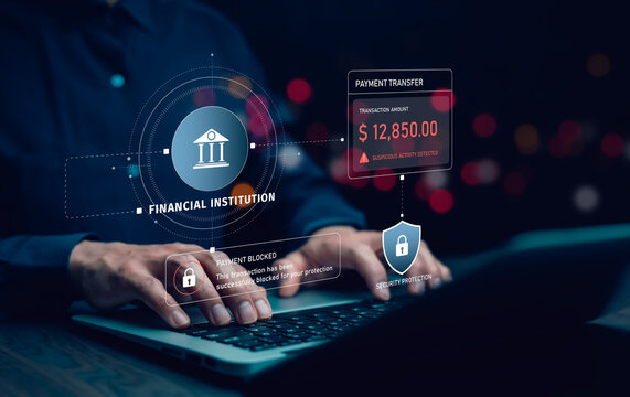 Payment fraud detection system identifying suspicious financial transactions and blocking unauthorized transfers, representing banking security, transaction monitoring and fraud prevention.
