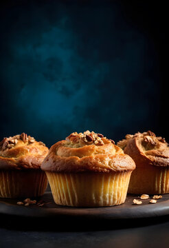 Gourmet pecan muffins on a dark background, bakery and dessert concepts, sweet treats and breakfast pastries