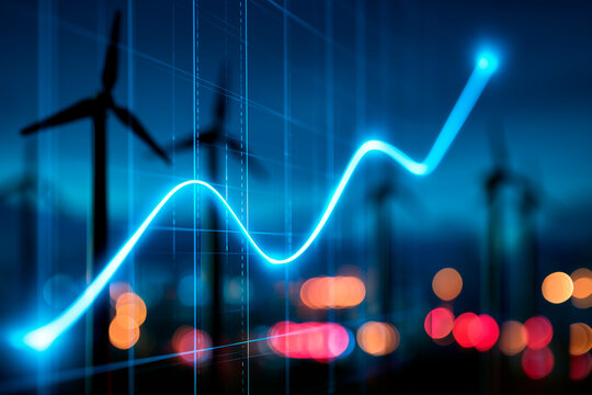 Financial stock market chart with upward graph showing increase in electricity prices and green energy development