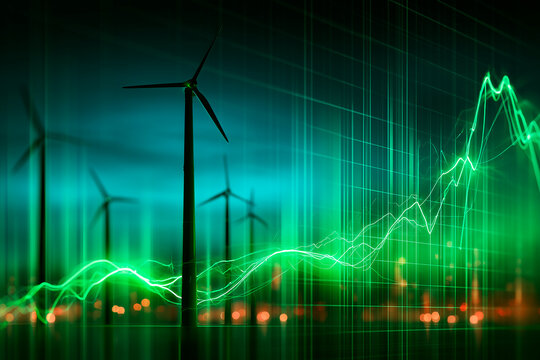 Financial stock market chart with upward graph showing increase in electricity prices and green energy development