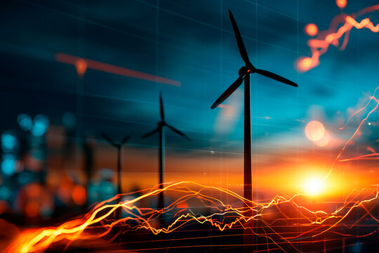 Financial stock market chart with upward graph showing increase in electricity prices and green energy development