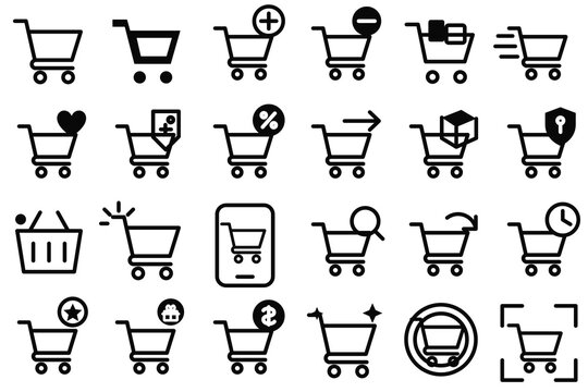 Comprehensive shopping cart and basket line icon set for e-commerce, online store UI UX design, add to cart, checkout, and shopping symbols isolated on white background
