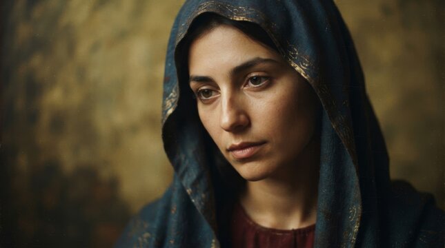 Portrait of woman as virgin Mary wearing blue veil. Biblical mother of Jesus, holy faith and prayer concept. Religious Christian art for Christmas and Easter