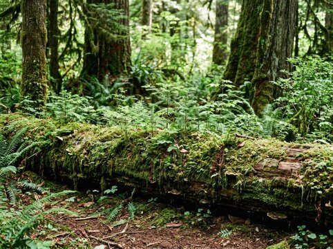 Fallen tree trunk sprouting new seedlings in dense woodland environment
