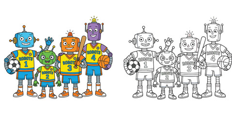 Fototapeta premium Cute Cartoon Robot Sports Team with Balls and Bat, Colored Character Set and Line Art Coloring Page for Kids Activity Vector Illustration