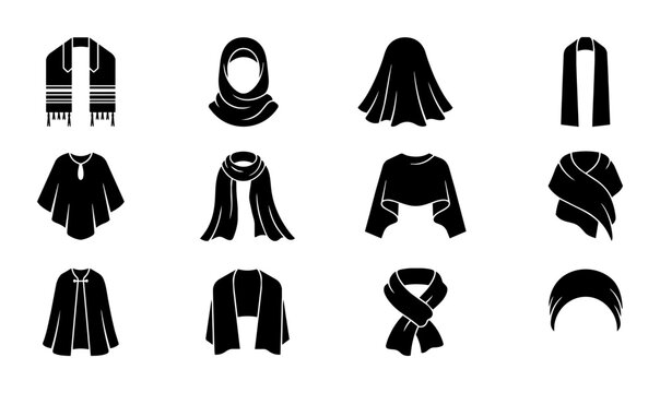 Elegant Shawl and Scarf Icons, 12 Vector Elements for Fashion Accessories, Headwear and Outerwear Graphics