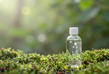 Naklejka premium Natural skincare and organic beauty product concept, clear bottle with liquid on green moss in sunlight, sustainable wellness