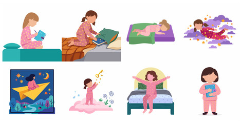 Fototapeta premium Collection of little girl character in pink pajamas for bedtime routine and magical dream concepts including sleeping, writing in diary, and flying through the stars