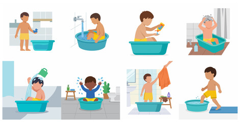 Fototapeta premium Set of illustrations featuring a young boy's daily bath time routine, from washing hair to drying with a towel