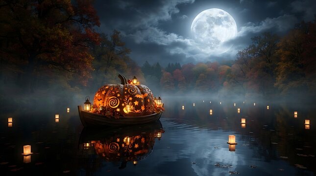 Mystical nighttime scene with a bonfire and floating lanterns under a full moon