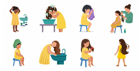 Fototapeta premium Little girl hair care routine vector set. Various steps of washing, rinsing, drying with a towel, and brushing hair. Flat illustration isolated on white.