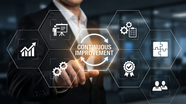 Businessman pressing continuous improvement process icon on digital screen