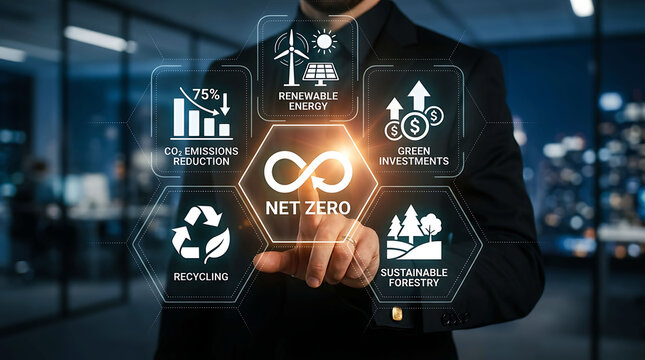 Businessman pressing net zero sustainability and renewable energy icon