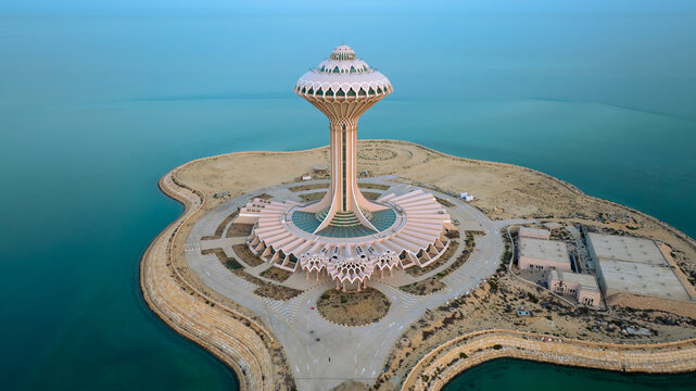 Aerial view of the iconic Al Khobar Water Tower rising above the coastline