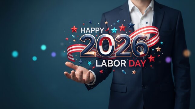 A professional businessman holding a floating digital graphic for the upcoming american labor day celebration in the year twenty twenty six