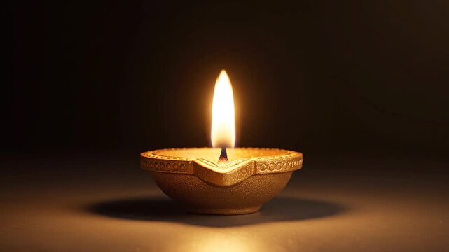 Traditional Indian Clay Oil Lamp Lit During Diwali Festival.