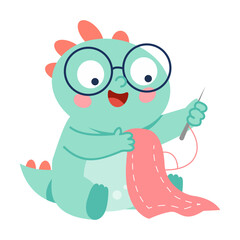 Fototapeta premium Mint dinosaur with oversized glasses sits sewing a long pink fabric piece with needle and thread, focused on a cheerful craft-themed character pose.