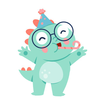 Mint dinosaur with oversized glasses wears a striped party hat and blows a party horn, raising both arms in a cheerful celebration character pose.