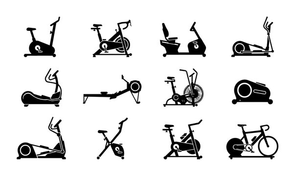 Fitness Equipment Icons Set, Cardio Machines Vector Collection, Exercise Bike and Elliptical Silhouettes for Gym and Health Graphics