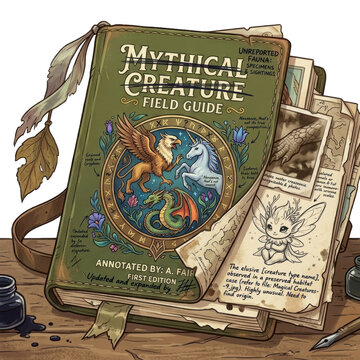 Open mythical creature field guide showing illustrations of a griffin, unicorn, dragon, and fairy