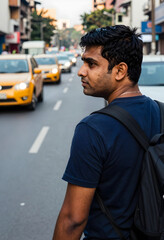 Fototapeta premium Urban travel and daily commute, young man with backpack looking at city traffic on a busy street