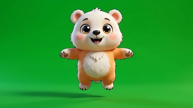 Adorable fluffy baby bear cartoon character with a cheerful expression and open arms, floating against a vibrant green background, perfect for children's content.
