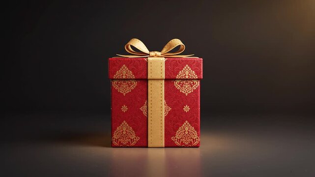 A single ornate red and gold gift box isolated on a dark background.