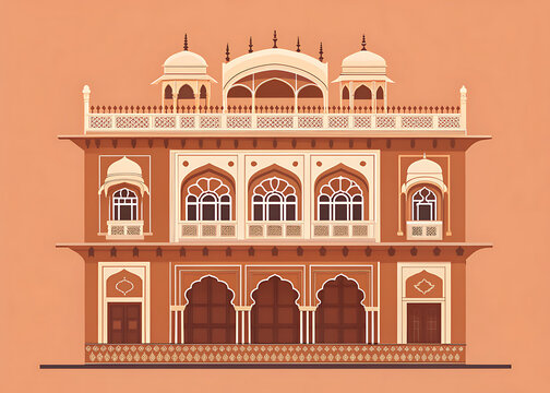 Indian Rajasthani haveli with ornate arched windows, carved balcony, symmetrical facade, warm sandstone architecture
