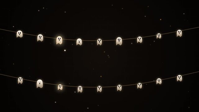 Halloween ghost string lights glowing in dark background with garland for spooky holiday celebration party decoration festive backdrop