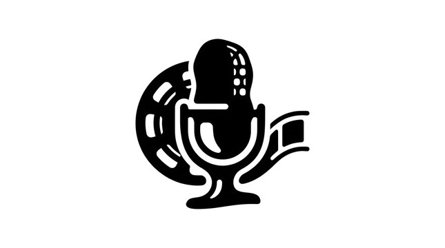 Minimalist black and white icon blending a classic microphone with a movie film reel for podcast and cinema media production