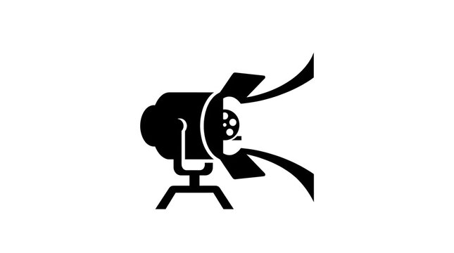 Minimalist black silhouette icon of a movie projector spotlight emitting light on a solid white background