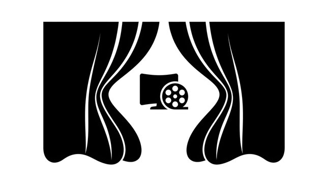 Black stage curtains opening to reveal a cinema screen and film reel icon
