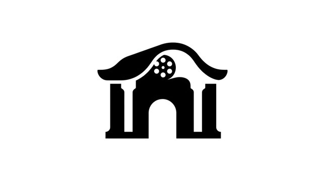 Cinema building icon with traditional roof architecture and film reel logo design