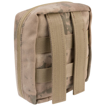 Desert camouflage tactical MOLLE utility pouch back view isolated on white background. Military pouch with attachment webbing straps