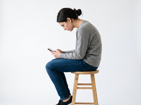 A young woman sitting on a wooden stool with poor posture while looking down at her smartphone screen in a studio environment