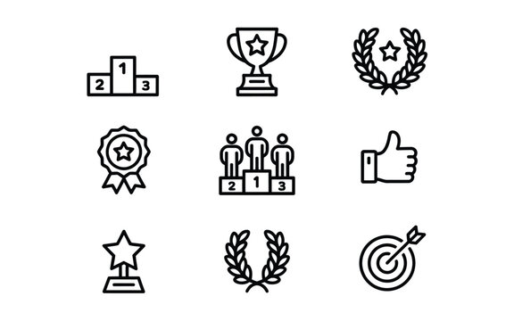 Award and success line icon set featuring winner podium trophy cup laurel wreath rosette badge thumbs up star target symbol