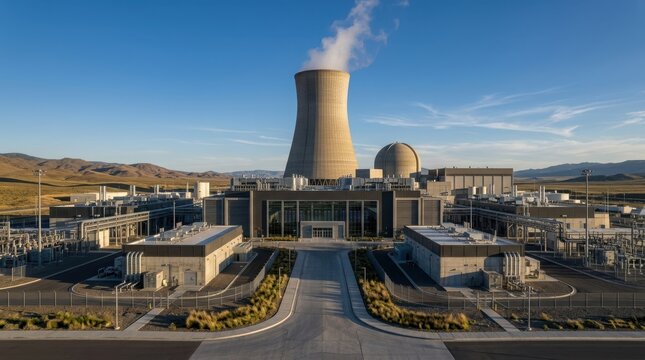 Modern nuclear power plant facility with cooling towers emitting steam against a clear blue sky and mountainous backdrop