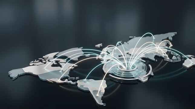 Global connectivity and business expansion illustrated with a world map featuring glowing lines connecting different regions, representing networks and logistics
