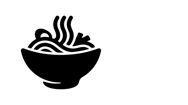 Simple black and white icon of a steaming bowl of noodles with chopsticks, perfect for food blogs and Asian cuisine menus