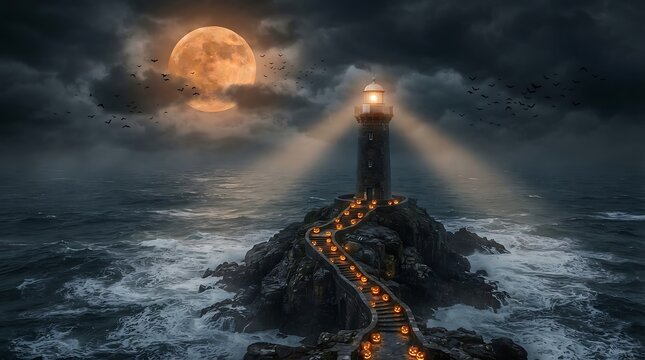 Dramatic coastal lighthouse beams a bright light across dark stormy seas at night