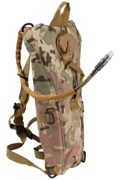 Multicam tactical hydration backpack side view isolated on white background. Camouflage military water bladder pack