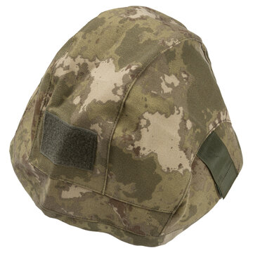 A-TACS FG camouflage military helmet cover isolated on white background. Tactical combat helmet fabric cover angle view
