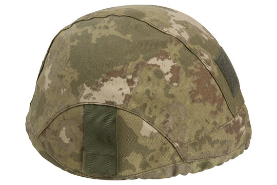 Tactical helmet cover side view isolated on white background. A-TACS FG camouflage combat helmet fabric cover