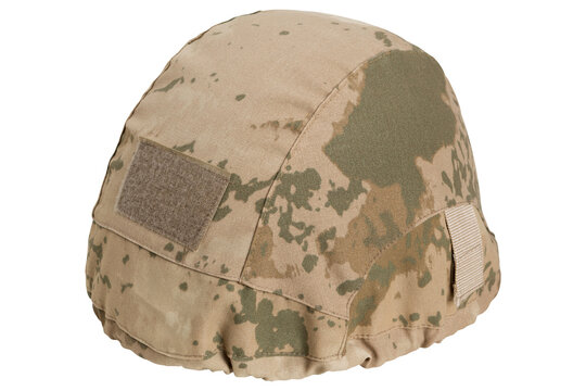 Arid camouflage military helmet cover isolated on white background. A-TACS AU tactical helmet fabric cover angle view