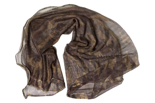 Tactical camouflage mesh scarf draped on white background. Military sniper veil scrim net isolated