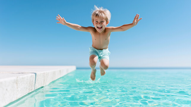 Young boy with blonde hair jumps joyfully into a clear swimming pool from the edge, bright blue sky and calm water visible in the background