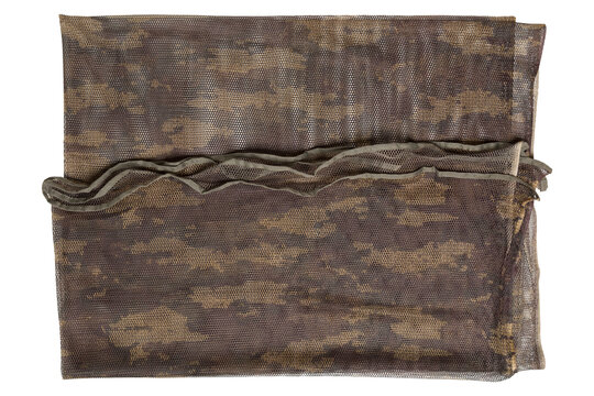 Folded tactical camouflage mesh scarf isolated on white background. Military sniper veil scrim net flat lay
