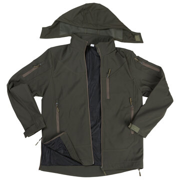 Men tactical softshell jacket with hood isolated on white background. Olive green military water resistant outdoor coat